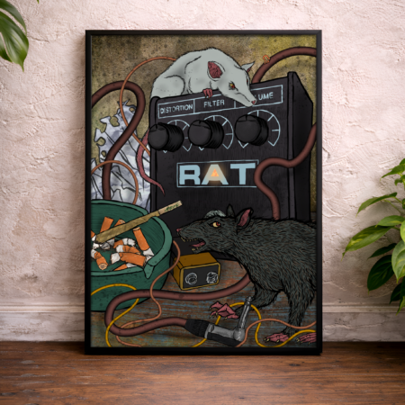 Gerahmter Kunstdruck mit Ratten, Kabeln und einem ProCo RAT Distortion-Pedal im düsteren Alternative- und Grunge-Stil