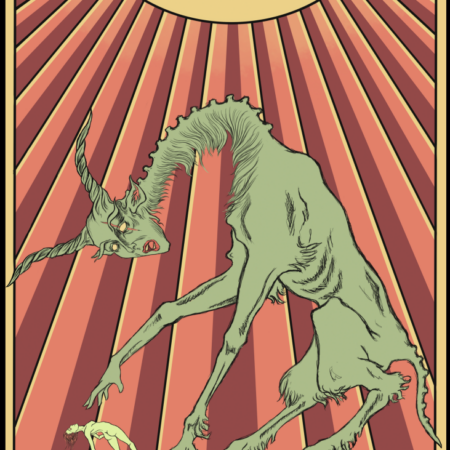 Surreales Poster mit langgliedrigem dämonischem Wesen im düsteren Fantasy- und Horrorstil mit japanischer Typografie