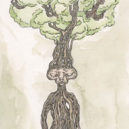 Surreale Baumwesen-Illustration mit menschlichem Gesicht und verwurzeltem Körper im organischen Fantasy-Stil